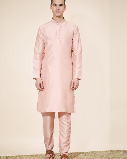 Blush Peach Silk Solid Mens Kurta Pajama Set