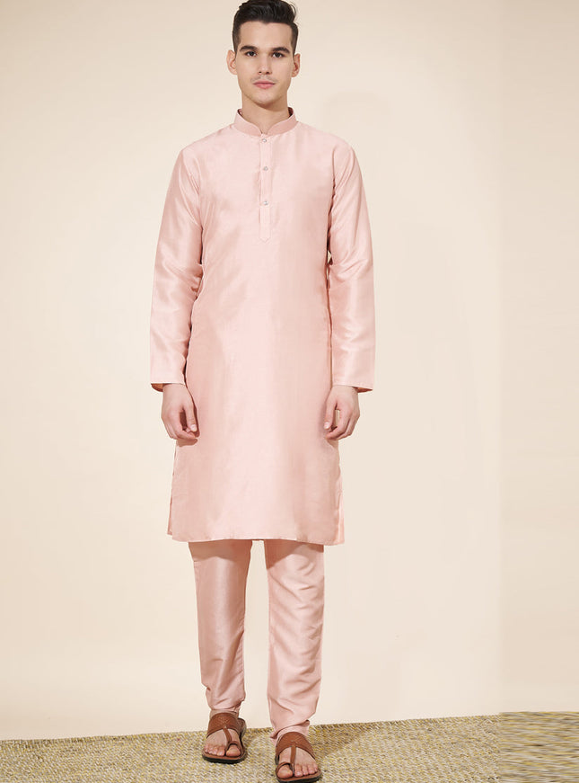 Blush Peach Silk Solid Mens Kurta Pajama Set