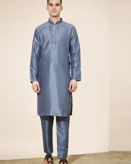 Slate Grey Silk Solid Mens Kurta Pajama Set