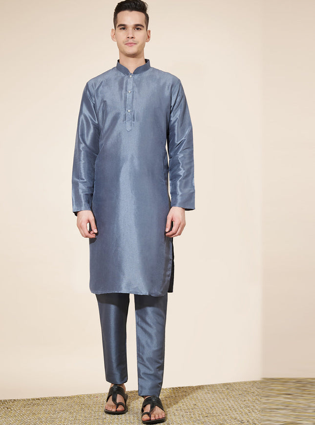 Slate Grey Silk Solid Mens Kurta Pajama Set