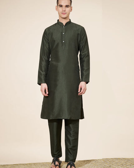 Mehendi Green Silk Solid Mens Kurta Pajama Set