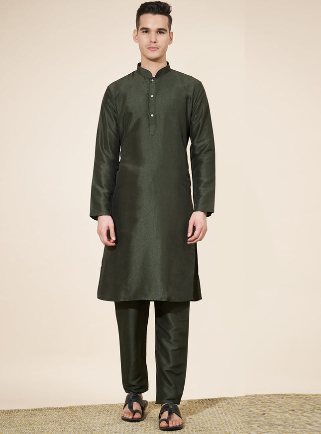 Mehendi Green Silk Solid Mens Kurta Pajama Set