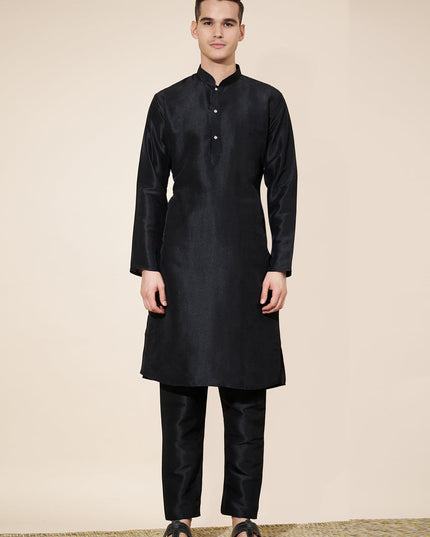 Black Silk Solid Mens Kurta Pajama Set