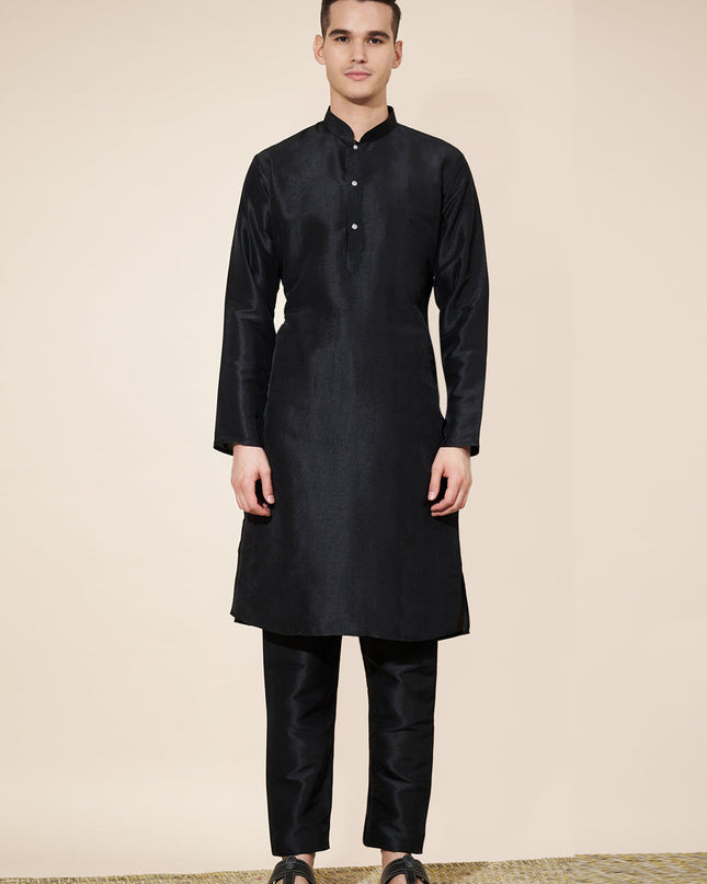 Black Silk Solid Mens Kurta Pajama Set