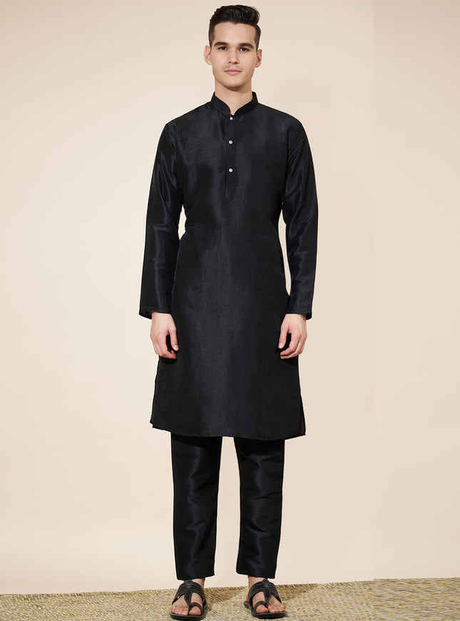 Black Silk Solid Mens Kurta Pajama Set