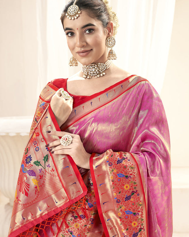 Rani Pink Handloom Paithani Tissue Silk Saree