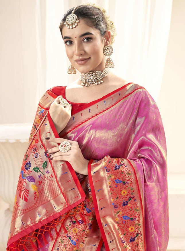 Rani Pink Handloom Paithani Tissue Silk Saree