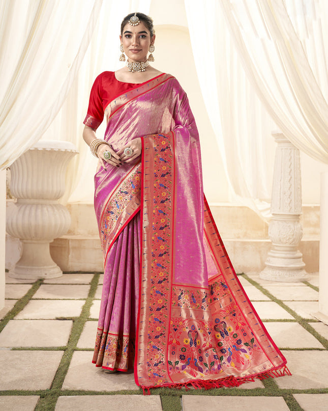 Rani Pink Handloom Paithani Tissue Silk Saree