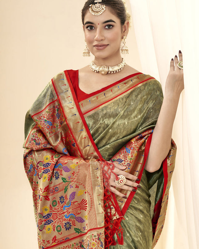 Mehendi Green Handloom Paithani Tissue Silk Saree