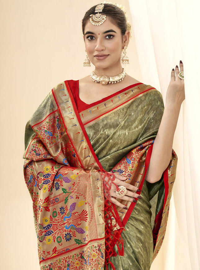 Mehendi Green Handloom Paithani Tissue Silk Saree