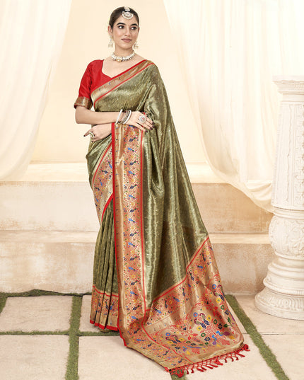 Mehendi Green Handloom Paithani Tissue Silk Saree