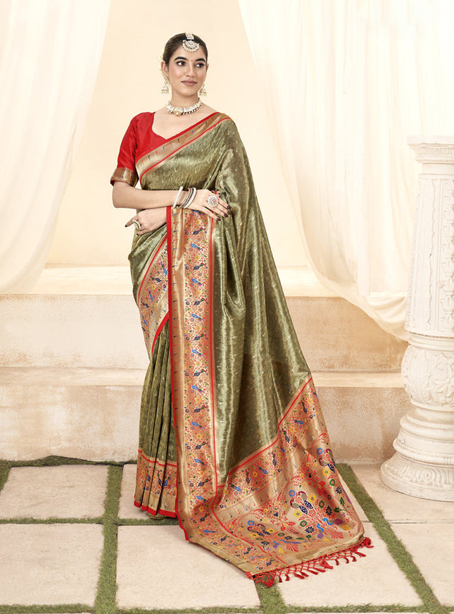 Mehendi Green Handloom Paithani Tissue Silk Saree