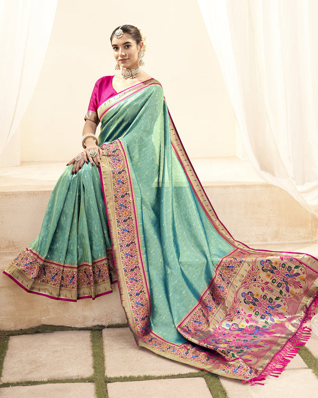 Aqua Mint Handloom Paithani Tissue Silk Saree
