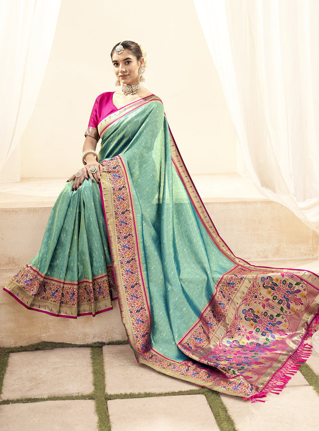 Aqua Mint Handloom Paithani Tissue Silk Saree
