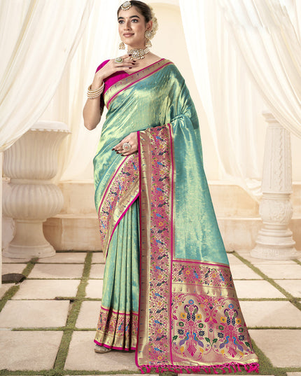 Aqua Mint Handloom Paithani Tissue Silk Saree