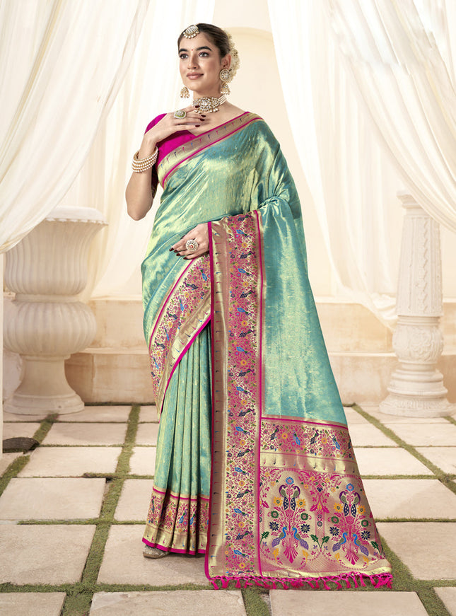 Aqua Mint Handloom Paithani Tissue Silk Saree