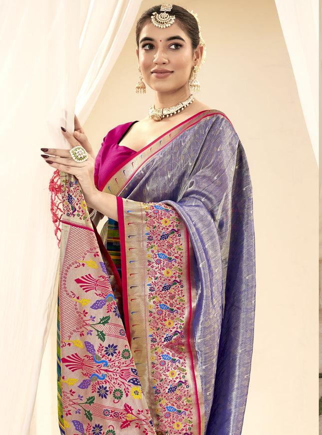 Lilac Handloom Paithani Tissue Silk Saree