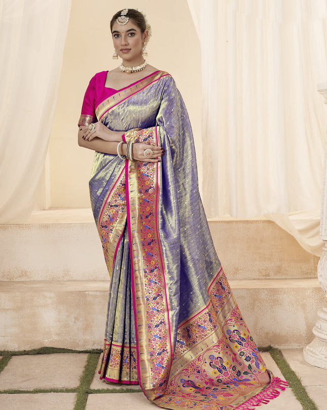 Lilac Handloom Paithani Tissue Silk Saree