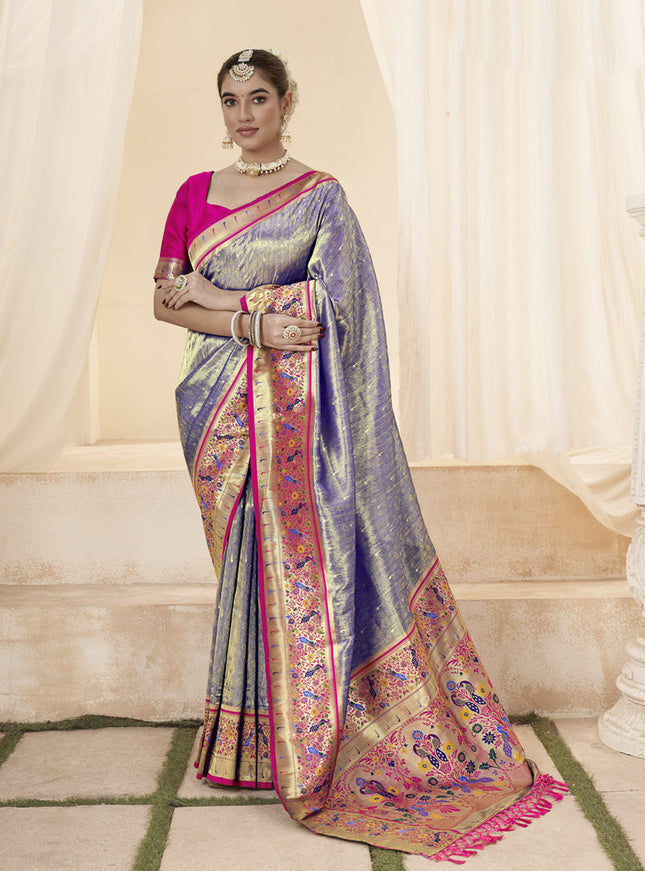 Lilac Handloom Paithani Tissue Silk Saree