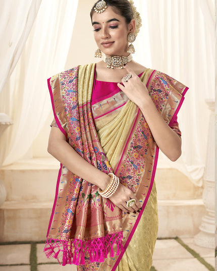 Beige Handloom Paithani Tissue Silk Saree