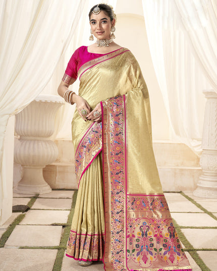 Beige Handloom Paithani Tissue Silk Saree