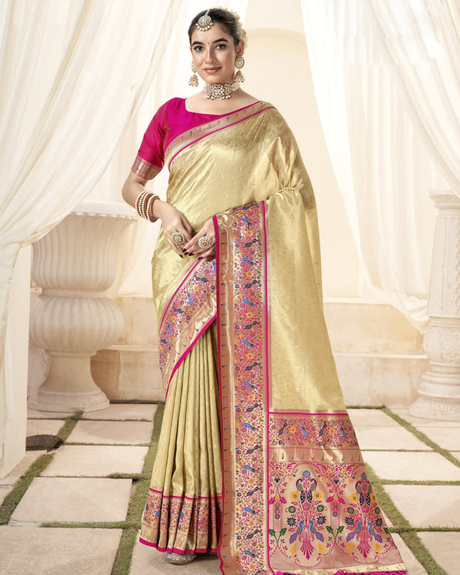 Beige Handloom Paithani Tissue Silk Saree