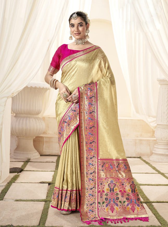 Beige Handloom Paithani Tissue Silk Saree