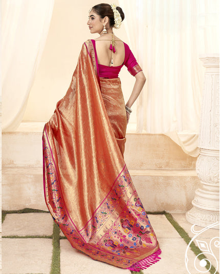 Salmon Orange Handloom Paithani Tissue Silk Saree