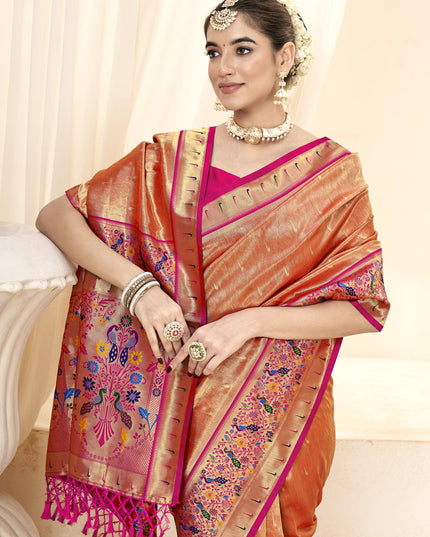 Salmon Orange Handloom Paithani Tissue Silk Saree
