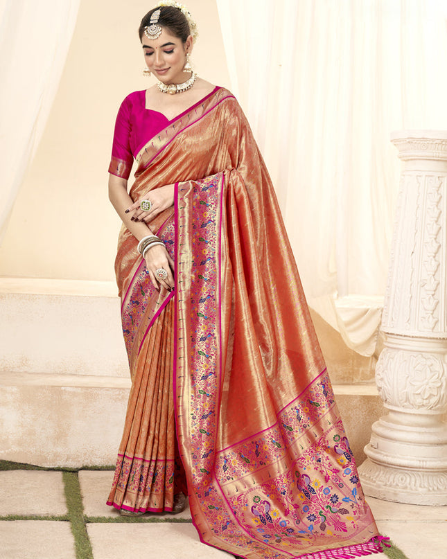 Salmon Orange Handloom Paithani Tissue Silk Saree