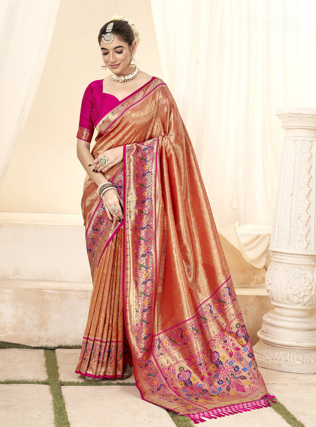 Salmon Orange Handloom Paithani Tissue Silk Saree
