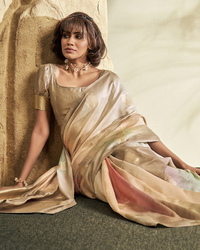 Beige Handloom Cotton Silk Embellished Saree