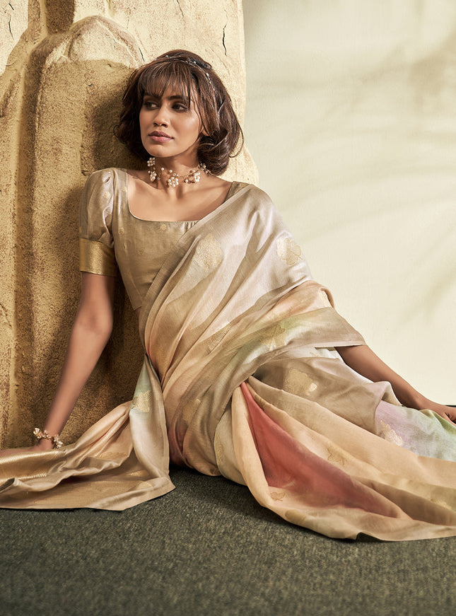 Beige Handloom Cotton Silk Embellished Saree