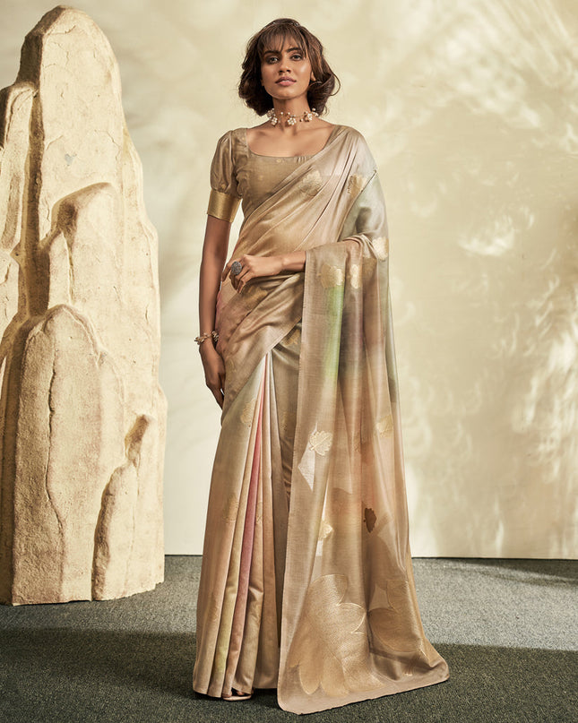 Beige Handloom Cotton Silk Embellished Saree