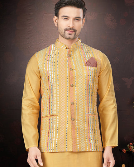 Yellow Pure Silk Mens Kurta Pajama Set with Jacket