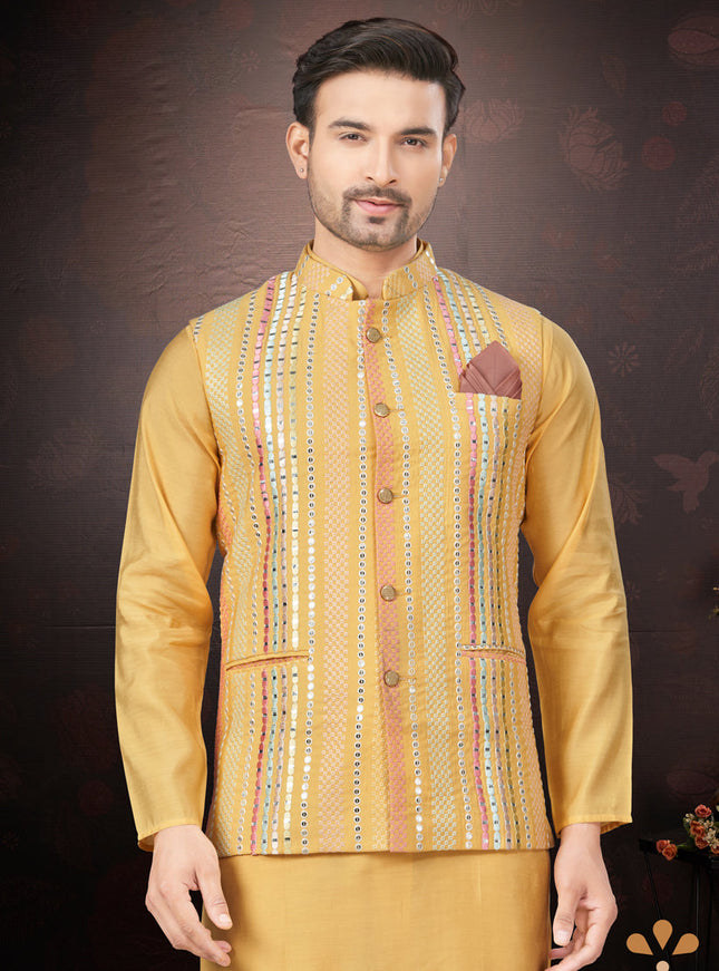 Yellow Pure Silk Mens Kurta Pajama Set with Jacket