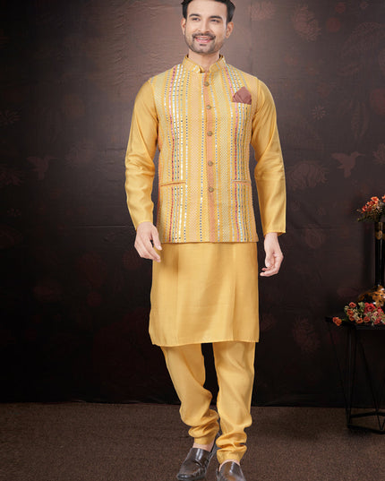 Yellow Pure Silk Mens Kurta Pajama Set with Jacket