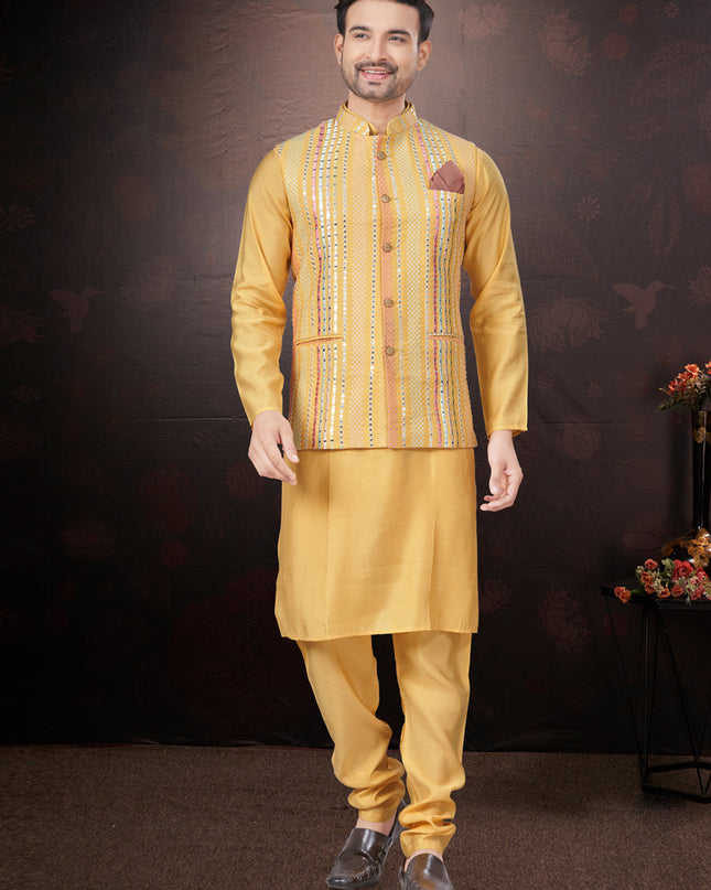 Yellow Pure Silk Mens Kurta Pajama Set with Jacket