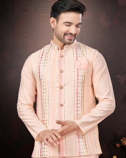 Pink Pure Silk Mens Kurta Pajama Set with Jacket