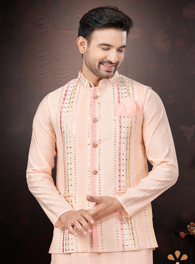 Pink Pure Silk Mens Kurta Pajama Set with Jacket