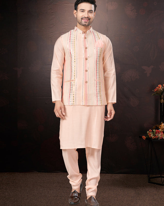 Pink Pure Silk Mens Kurta Pajama Set with Jacket