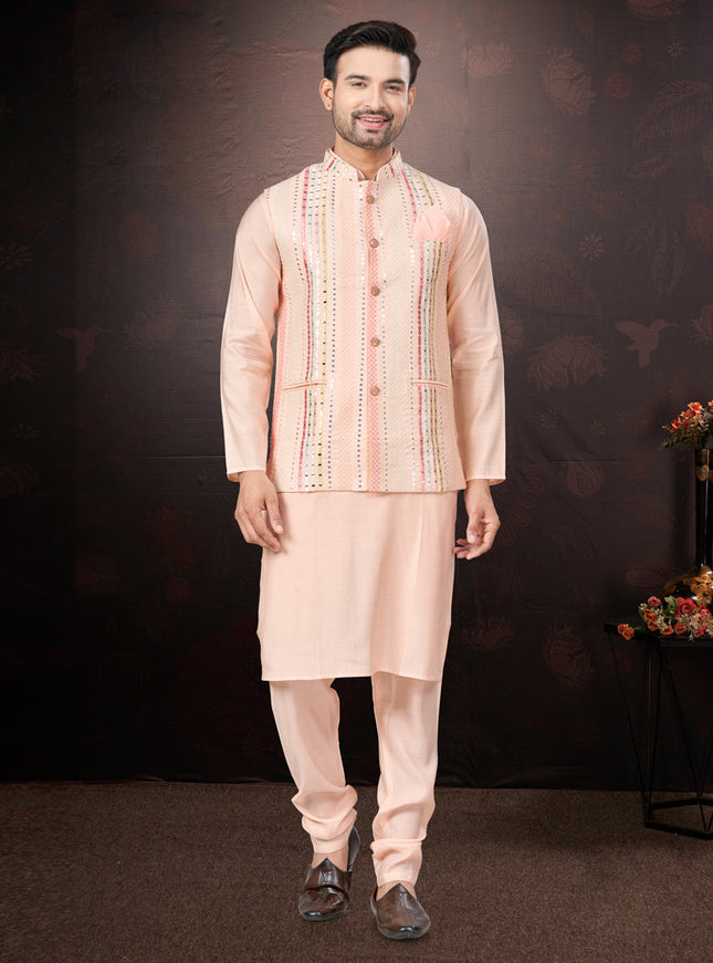 Pink Pure Silk Mens Kurta Pajama Set with Jacket