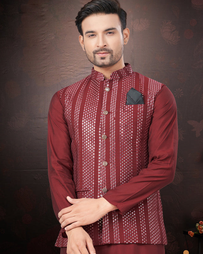 Maroon Pure Silk Mens Kurta Pajama Set with Jacket