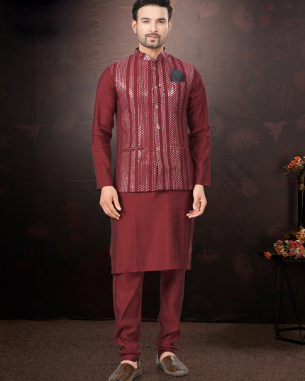 Maroon Pure Silk Mens Kurta Pajama Set with Jacket