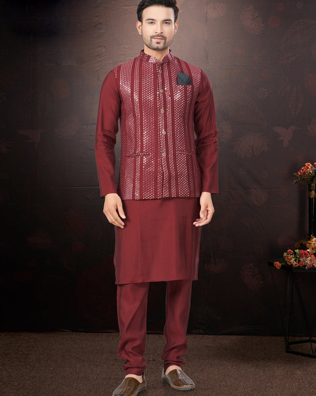 Maroon Pure Silk Mens Kurta Pajama Set with Jacket