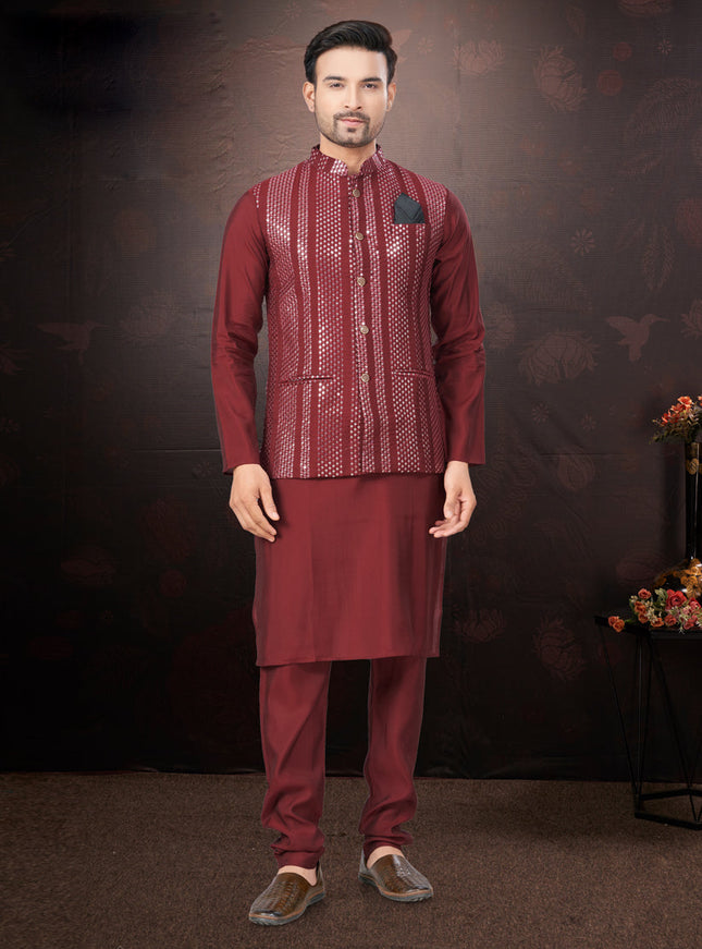 Maroon Pure Silk Mens Kurta Pajama Set with Jacket