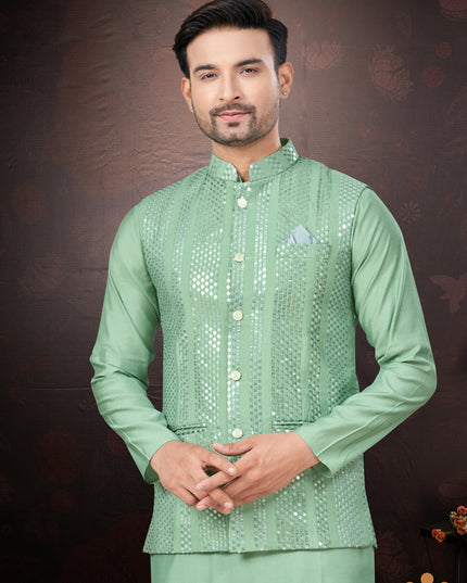 Teal Green Pure Silk Mens Kurta Pajama Set with Jacket