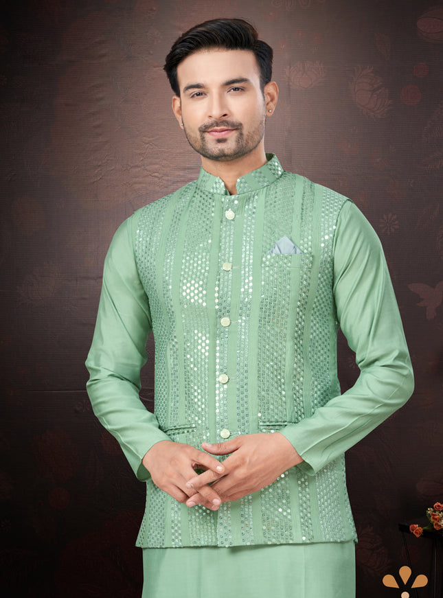 Teal Green Pure Silk Mens Kurta Pajama Set with Jacket
