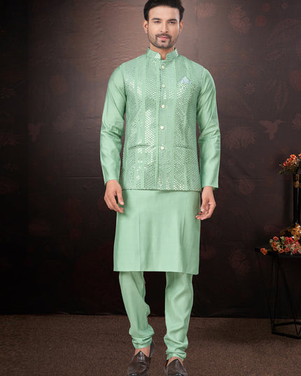 Teal Green Pure Silk Mens Kurta Pajama Set with Jacket