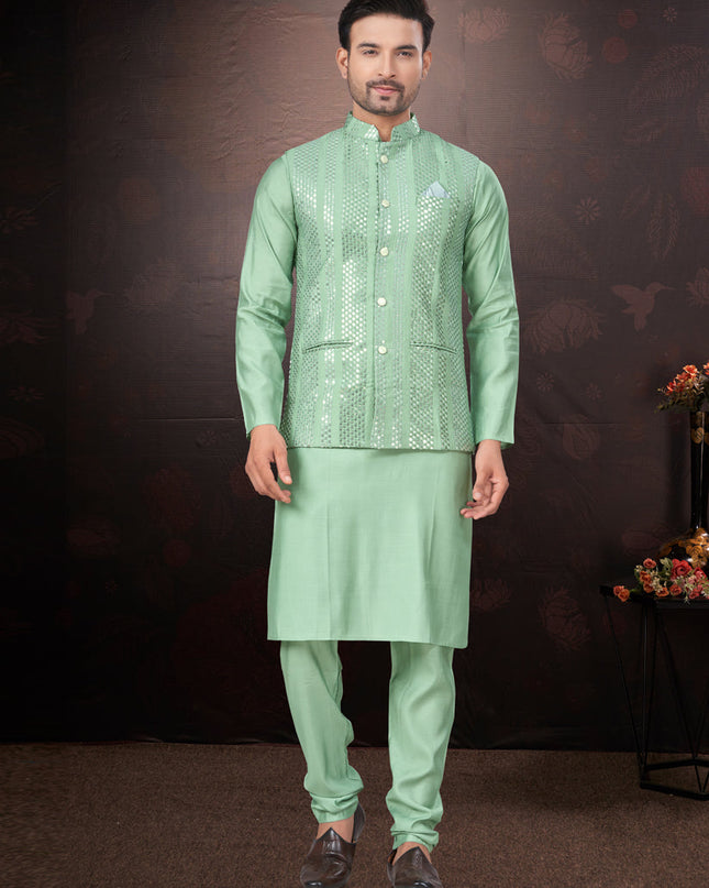 Teal Green Pure Silk Mens Kurta Pajama Set with Jacket